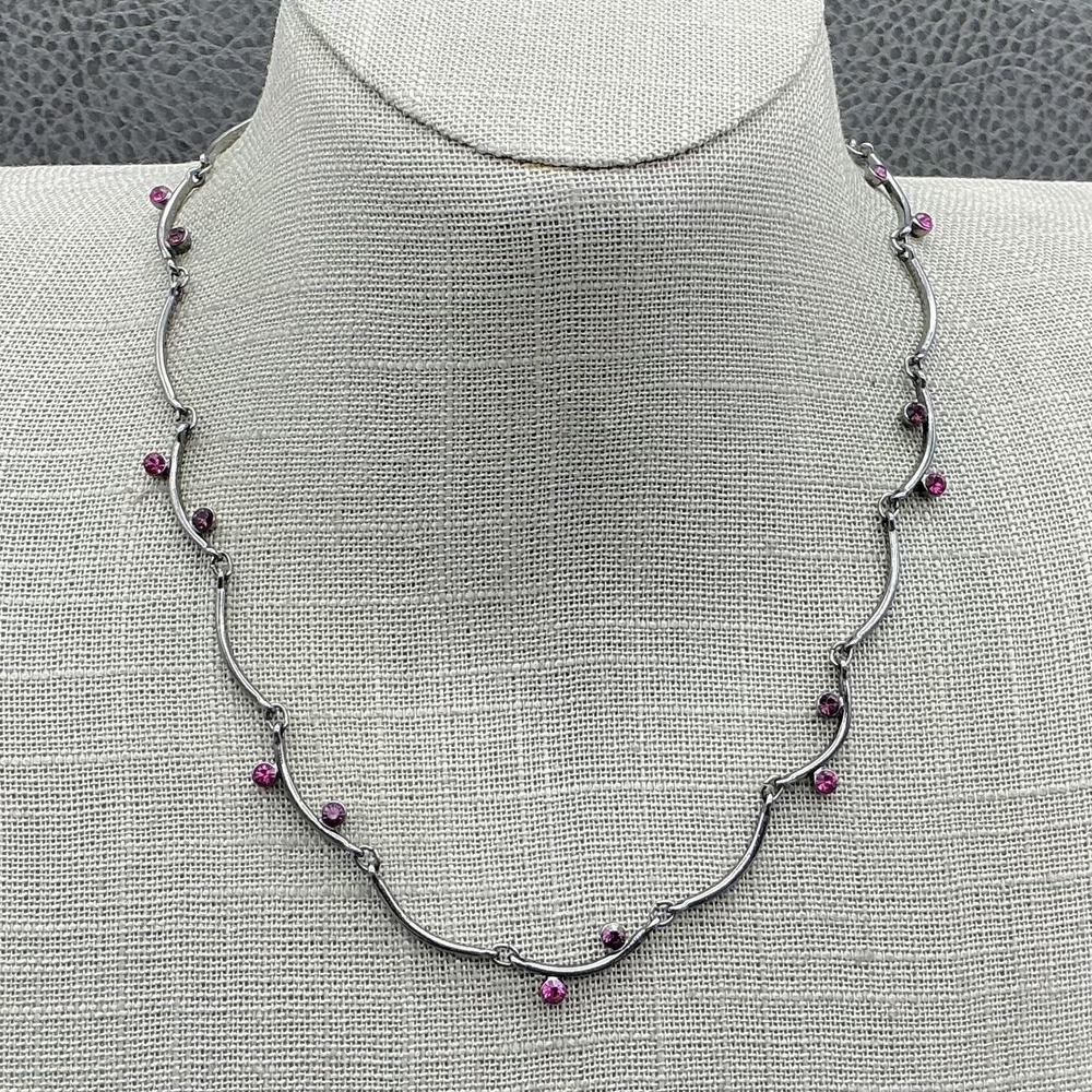 Express Necklace Womens Silver Tone Pink Crystal Station Wave Bar Adjustable 16"